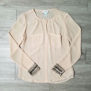 Carmen Marc Valvo light peach beaded long sleeve blouse size XS boho